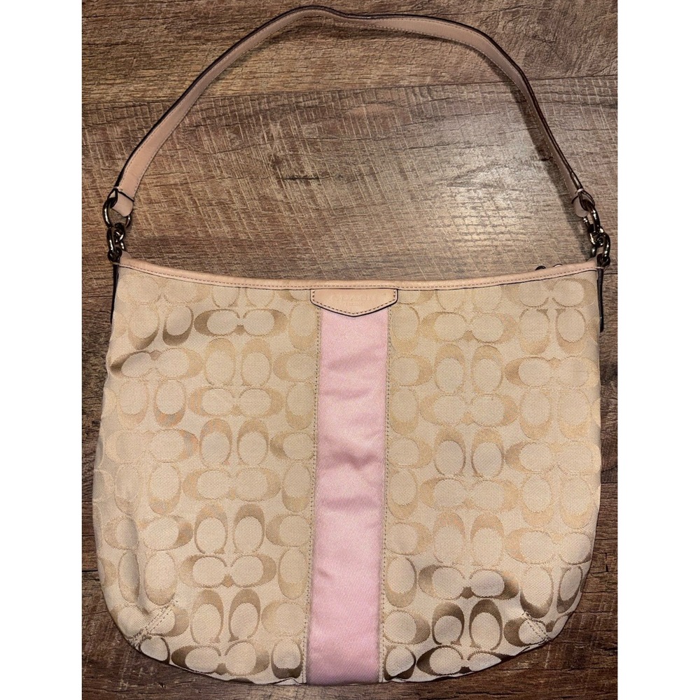 Coach 29941 Signature Stripe Convertible Hobo Bag Khaki Pink Shoulder Purse